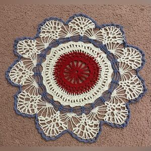 VTG HAND CROCHETED DOILY 15.5” White Red Periwinkle Vintage Handmade